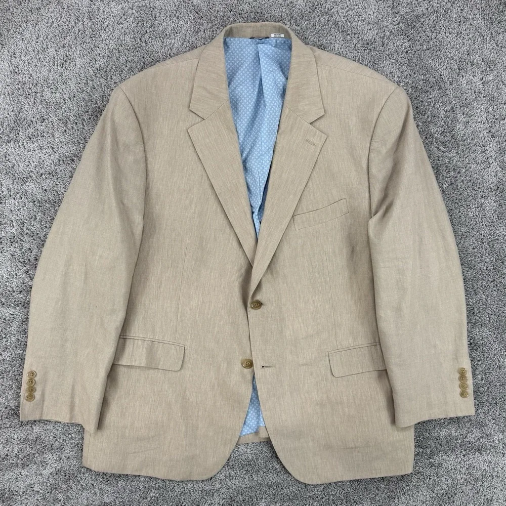Oak Hill Linen Blazer Men's 52 Beige 2 Button Dual Vent Coastal Preppy